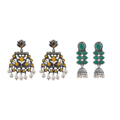Peacock glow stone studded dangler earrings (Yellow) Dazzle Dash Jhumki earring (Green) Combo set