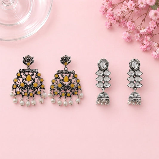 Peacock glow stone studded dangler earrings (Yellow) Dazzle Dash Jhumki earring (White) Combo set