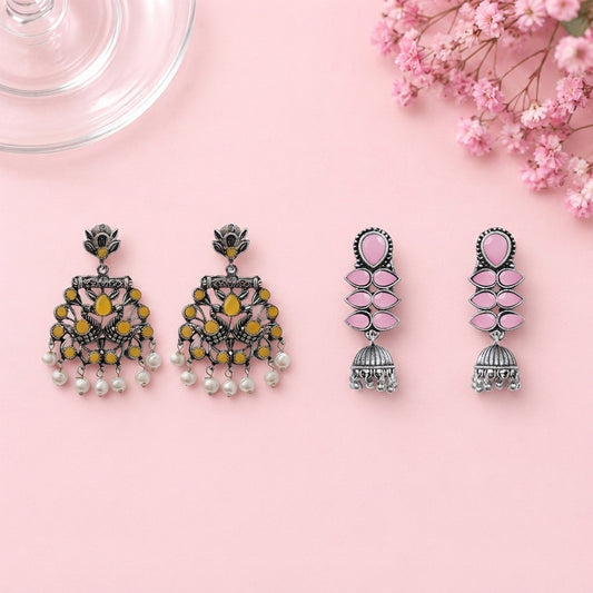 Peacock glow stone studded dangler earrings (Yellow) Dazzle Dash Jhumki earring (Baby Pink) Combo set