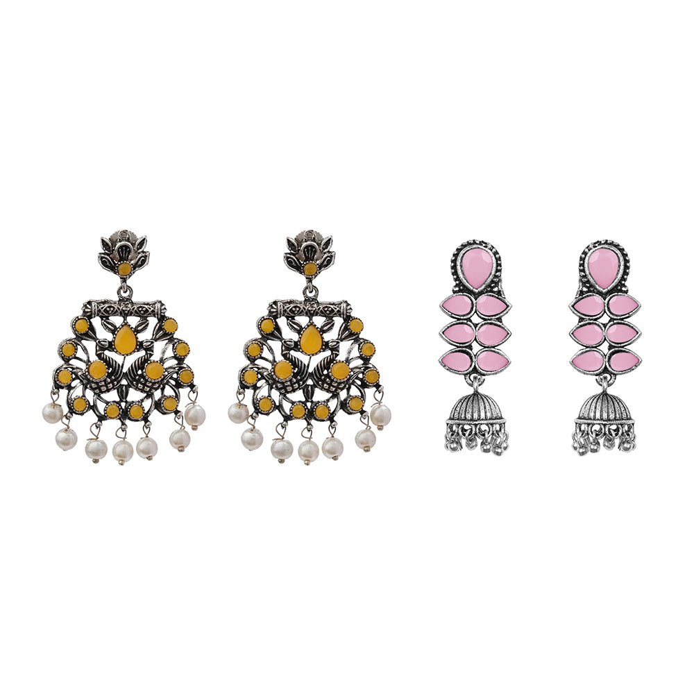 Peacock glow stone studded dangler earrings (Yellow) Dazzle Dash Jhumki earring (Baby Pink) Combo set