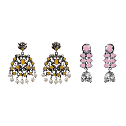 Peacock glow stone studded dangler earrings (Yellow) Dazzle Dash Jhumki earring (Baby Pink) Combo set