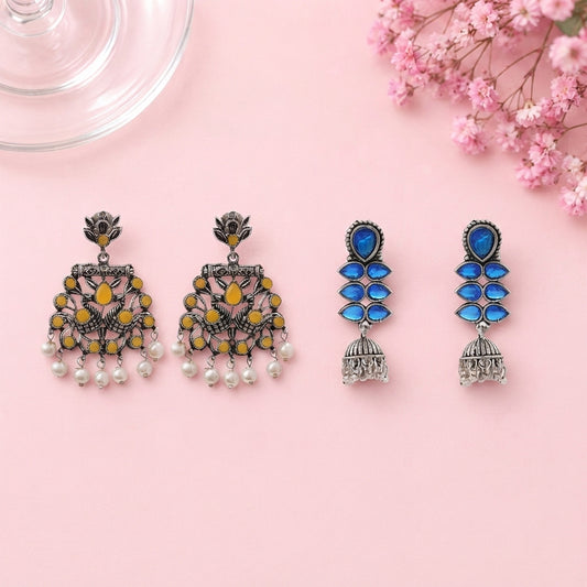 Peacock glow stone studded dangler earrings (Yellow) Dazzle Dash Jhumki earring (Blue) Combo set