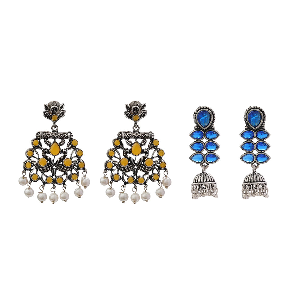 Peacock glow stone studded dangler earrings (Yellow) Dazzle Dash Jhumki earring (Blue) Combo set