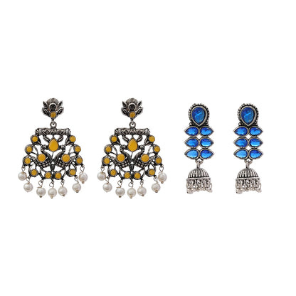 Peacock glow stone studded dangler earrings (Yellow) Dazzle Dash Jhumki earring (Blue) Combo set