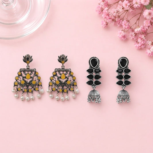 Peacock glow stone studded dangler earrings (Yellow) Dazzle Dash Jhumki earring (Black) Combo set