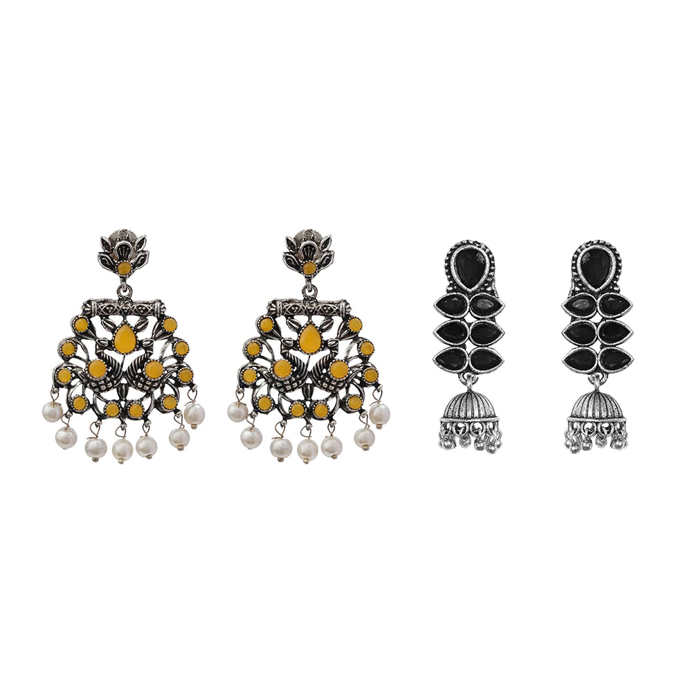 Peacock glow stone studded dangler earrings (Yellow) Dazzle Dash Jhumki earring (Black) Combo set