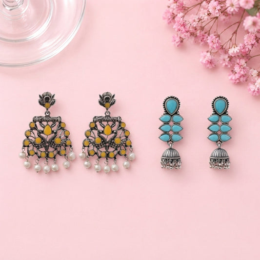 Peacock glow stone studded dangler earrings (Yellow) Dazzle Dash Jhumki earring (Sky Blue) Combo set