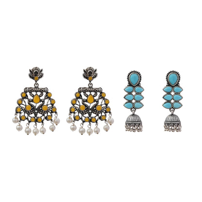 Peacock glow stone studded dangler earrings (Yellow) Dazzle Dash Jhumki earring (Sky Blue) Combo set