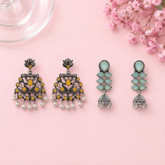 Peacock glow stone studded dangler earrings (Yellow) Dazzle Dash Jhumki earring (Mint) Combo set