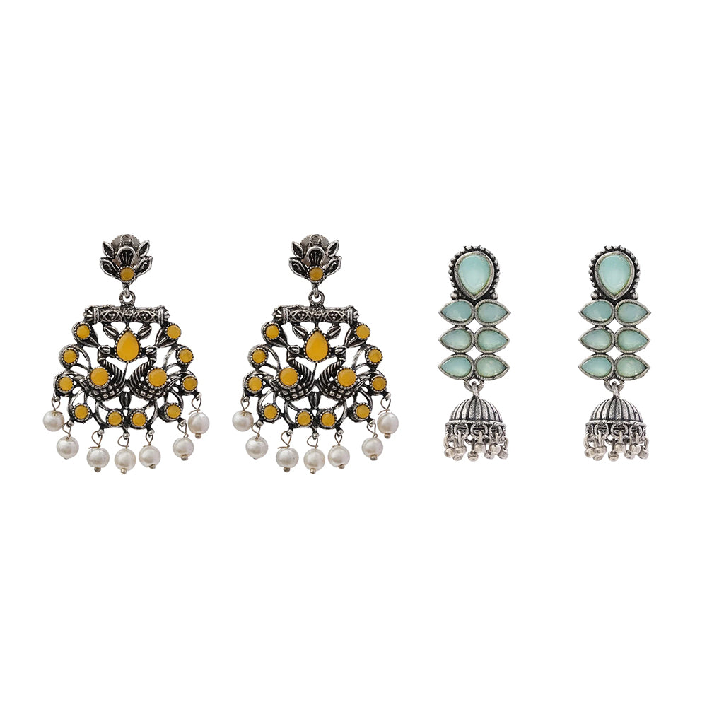 Peacock glow stone studded dangler earrings (Yellow) Dazzle Dash Jhumki earring (Mint) Combo set