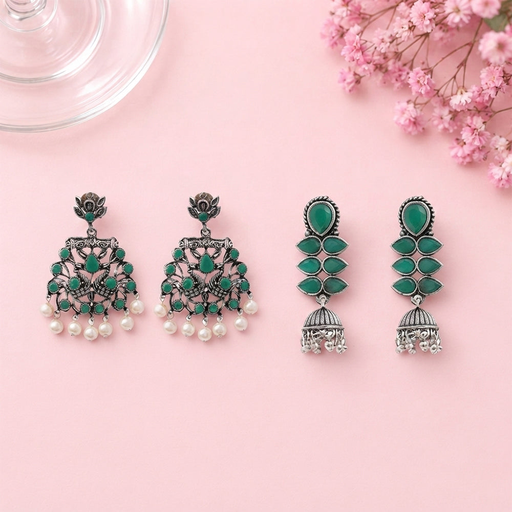 Peacock glow stone studded dangler earrings (Green) Dazzle Dash Jhumki earring (Green) Combo set