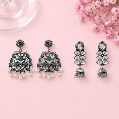 Peacock glow stone studded dangler earrings (Green) Dazzle Dash Jhumki earring (White) Combo set