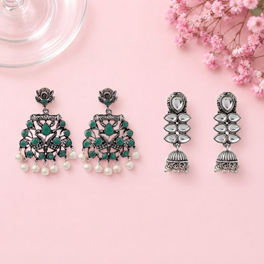 Peacock glow stone studded dangler earrings (Green) Dazzle Dash Jhumki earring (White) Combo set