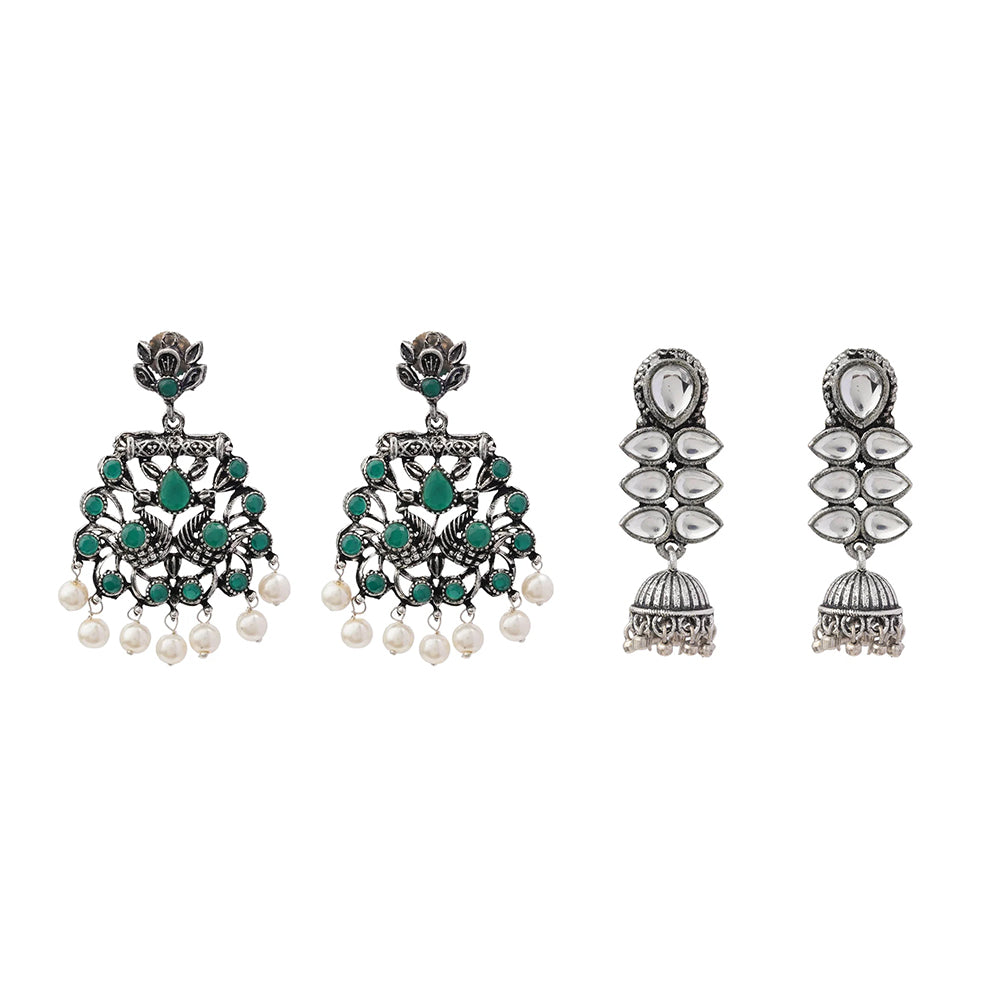 Peacock glow stone studded dangler earrings (Green) Dazzle Dash Jhumki earring (White) Combo set