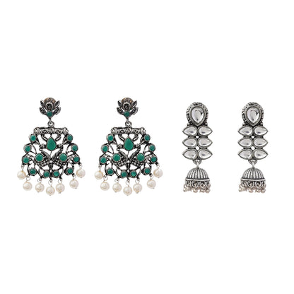 Peacock glow stone studded dangler earrings (Green) Dazzle Dash Jhumki earring (White) Combo set