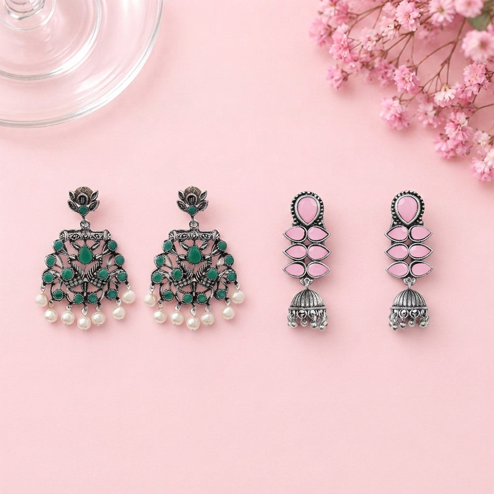 Peacock glow stone studded dangler earrings (Green) Dazzle Dash Jhumki earring (Baby Pink) Combo set