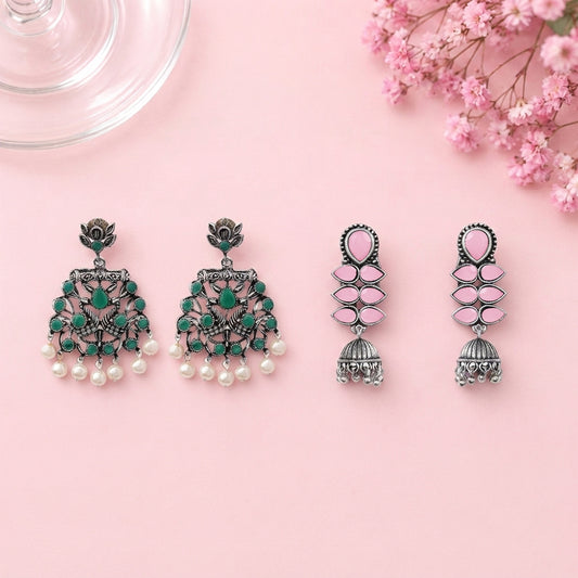 Peacock glow stone studded dangler earrings (Green) Dazzle Dash Jhumki earring (Baby Pink) Combo set