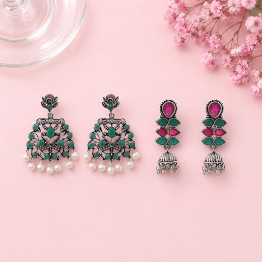 Peacock glow stone studded dangler earrings (Green) Dazzle Dash Jhumki earring (Multicolored) Combo set
