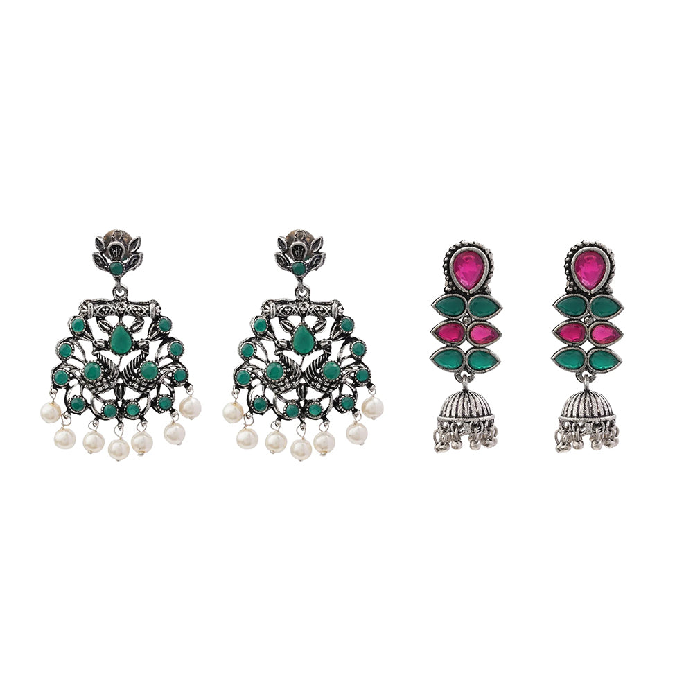 Peacock glow stone studded dangler earrings (Green) Dazzle Dash Jhumki earring (Multicolored) Combo set