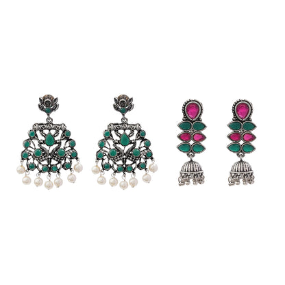 Peacock glow stone studded dangler earrings (Green) Dazzle Dash Jhumki earring (Multicolored) Combo set
