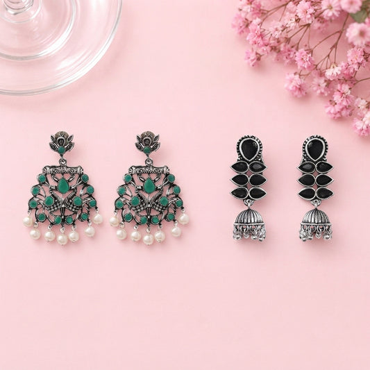 Peacock glow stone studded dangler earrings (Green) Dazzle Dash Jhumki earring (Black) Combo set
