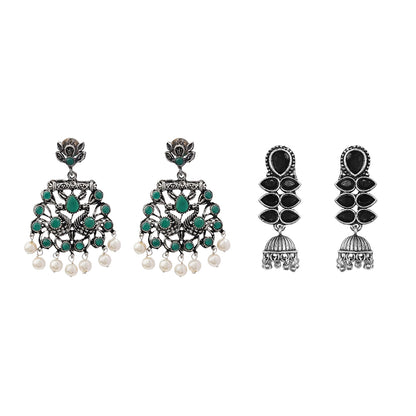 Peacock glow stone studded dangler earrings (Green) Dazzle Dash Jhumki earring (Black) Combo set