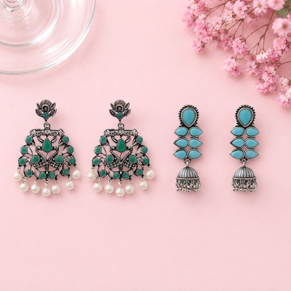Peacock glow stone studded dangler earrings (Green) Dazzle Dash Jhumki earring (Sky Blue) Combo set