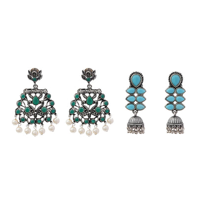 Peacock glow stone studded dangler earrings (Green) Dazzle Dash Jhumki earring (Sky Blue) Combo set