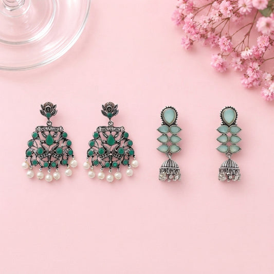 Peacock glow stone studded dangler earrings (Green) Dazzle Dash Jhumki earring (Mint) Combo set