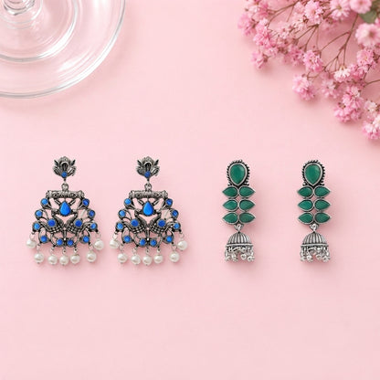 Peacock glow stone studded dangler earrings (Blue) Dazzle Dash Jhumki earring (Green) Combo set
