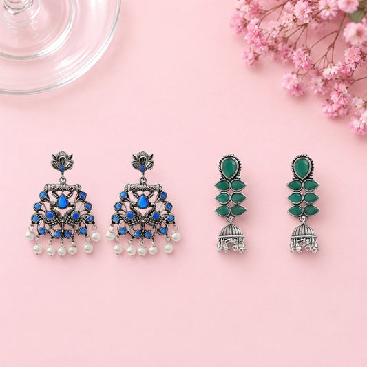 Peacock glow stone studded dangler earrings (Blue) Dazzle Dash Jhumki earring (Green) Combo set