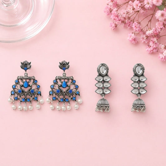 Peacock glow stone studded dangler earrings (Blue) Dazzle Dash Jhumki earring (White) Combo set