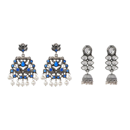 Peacock glow stone studded dangler earrings (Blue) Dazzle Dash Jhumki earring (White) Combo set