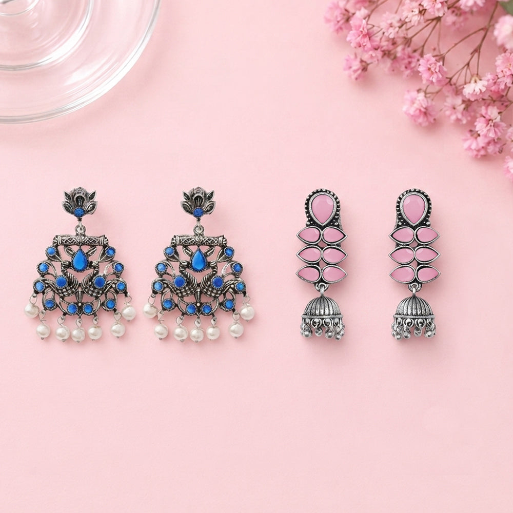 Peacock glow stone studded dangler earrings (Blue) Dazzle Dash Jhumki earring (Baby Pink) Combo set