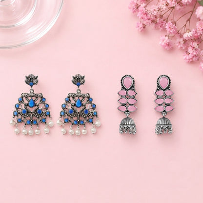Peacock glow stone studded dangler earrings (Blue) Dazzle Dash Jhumki earring (Baby Pink) Combo set