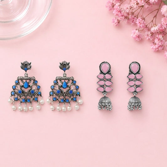 Peacock glow stone studded dangler earrings (Blue) Dazzle Dash Jhumki earring (Baby Pink) Combo set
