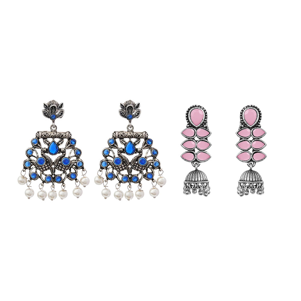 Peacock glow stone studded dangler earrings (Blue) Dazzle Dash Jhumki earring (Baby Pink) Combo set