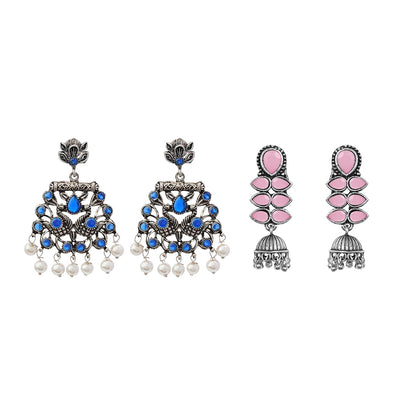 Peacock glow stone studded dangler earrings (Blue) Dazzle Dash Jhumki earring (Baby Pink) Combo set