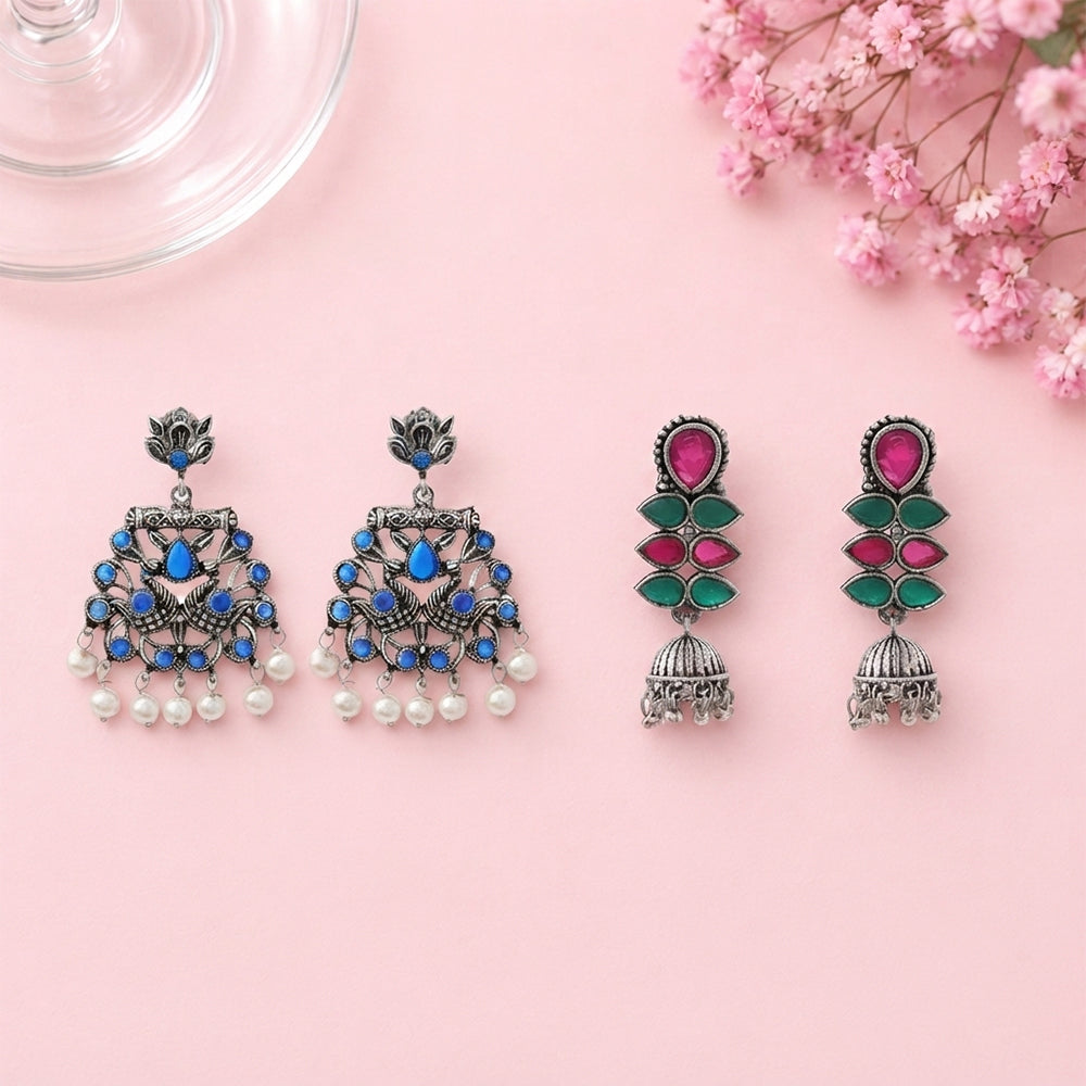 Peacock glow stone studded dangler earrings (Blue) Dazzle Dash Jhumki earring (Multicolored) Combo set