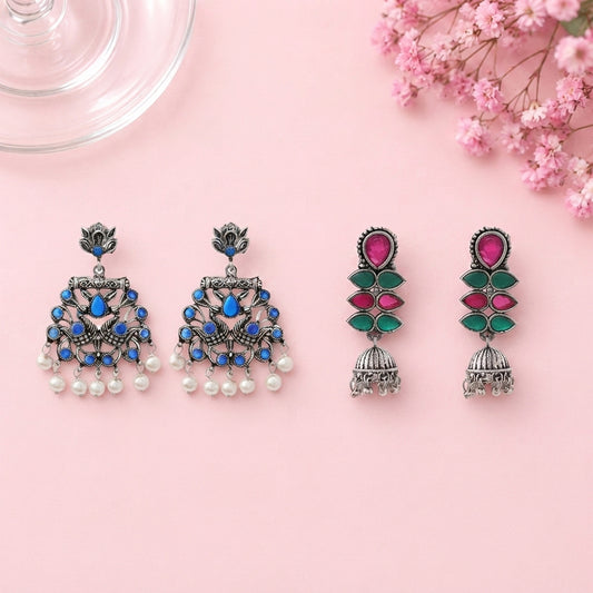 Peacock glow stone studded dangler earrings (Blue) Dazzle Dash Jhumki earring (Multicolored) Combo set