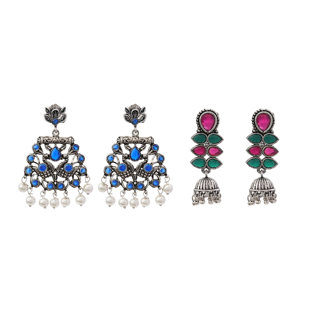 Peacock glow stone studded dangler earrings (Blue) Dazzle Dash Jhumki earring (Multicolored) Combo set