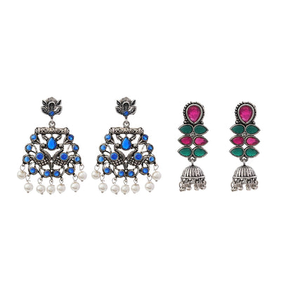 Peacock glow stone studded dangler earrings (Blue) Dazzle Dash Jhumki earring (Multicolored) Combo set