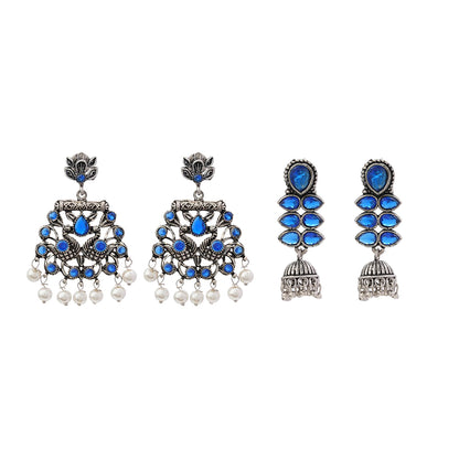 Peacock glow stone studded dangler earrings (Blue) Dazzle Dash Jhumki earring (Blue) Combo set
