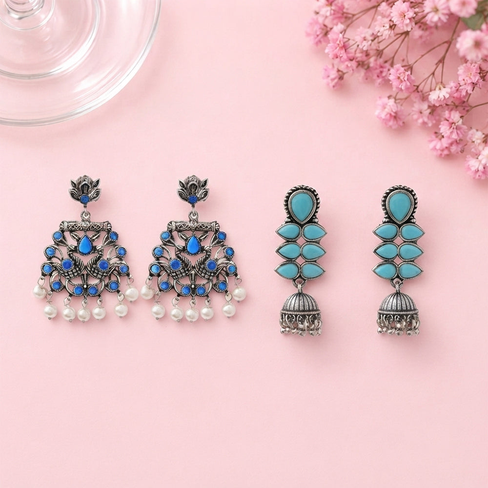 Peacock glow stone studded dangler earrings (Blue) Dazzle Dash Jhumki earring (Sky Blue) Combo set