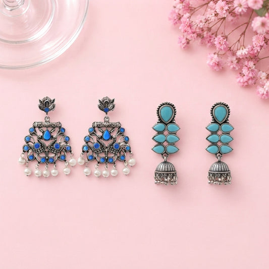 Peacock glow stone studded dangler earrings (Blue) Dazzle Dash Jhumki earring (Sky Blue) Combo set