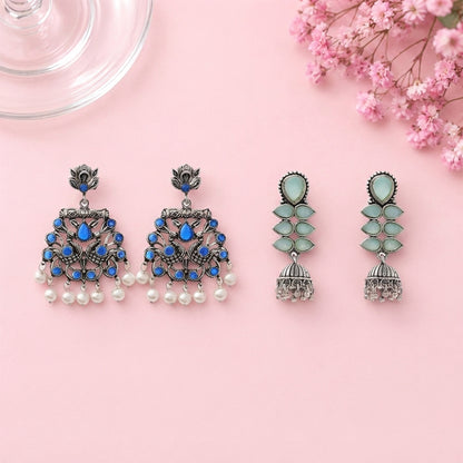 Peacock glow stone studded dangler earrings (Blue) Dazzle Dash Jhumki earring (Mint) Combo set