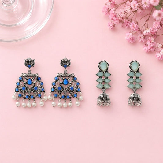 Peacock glow stone studded dangler earrings (Blue) Dazzle Dash Jhumki earring (Mint) Combo set