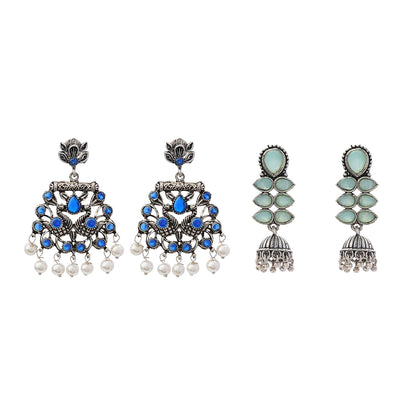 Peacock glow stone studded dangler earrings (Blue) Dazzle Dash Jhumki earring (Mint) Combo set