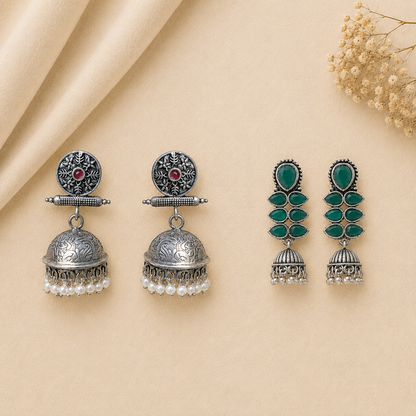 Charmbell earrings (Red) Dazzle Dash Jhumki earring (Green) Combo set