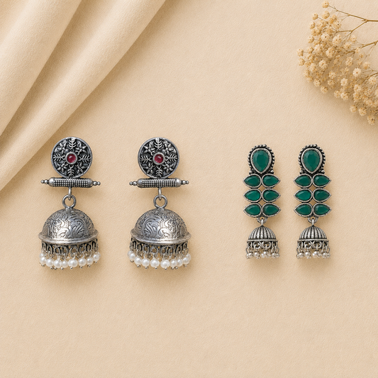 Charmbell earrings (Red) Dazzle Dash Jhumki earring (Green) Combo set